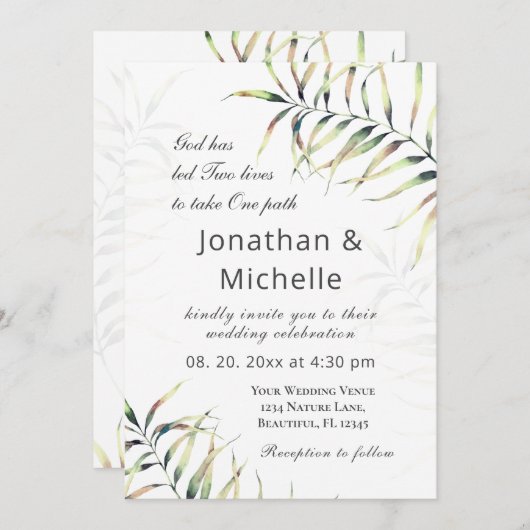 Invitation Simple Tropical Palm Branch Christian Mariage (Devant / Derrière)