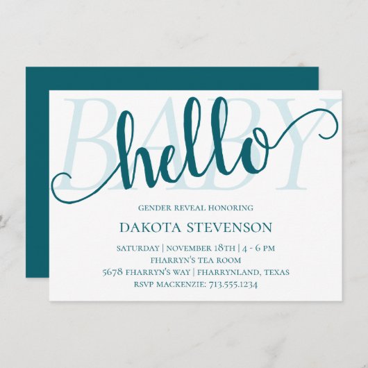 Invitation Simple Turquoise Hello Baby | Flouris bleu foncé (Devant / Derrière)