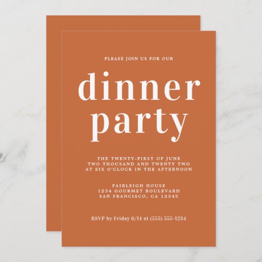 Invitation Simple Typographie Chic Burange Diner Party (Devant / Derrière)