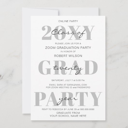 Invitation Simple Typographie Moderne Online Graduation Party (Devant)