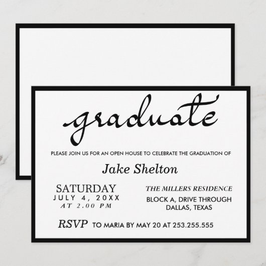Invitation Simple Typographie Open House Graduation (Devant / Derrière)