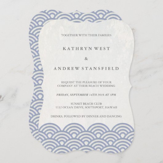 Invitation Simple vague moderne violet + blanc mariage plage (Devant / Derrière)