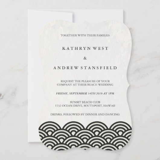 Invitation Simple Vagues Modernes Noir + Blanc Plage Mariage (Devant)