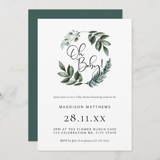 Invitation Simple Verdure minimale Wreath Oh Baby shower Invi (Devant / Derrière)