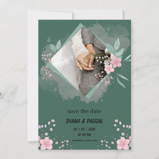 Invitation Simple Vert et Rose Enregistrer la Date