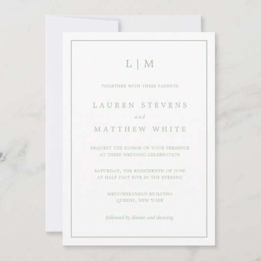 Invitation Simple Vert Sauge Monogram Mariage Élégant (Devant)