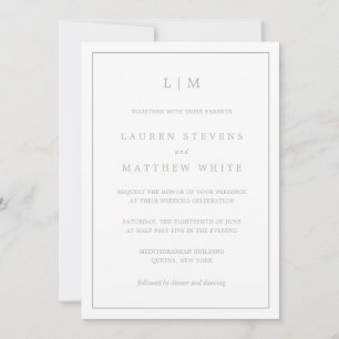 Invitation Simple Vert Sauge Monogram Mariage Élégant