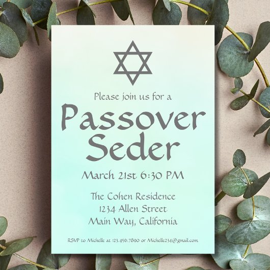 Invitation simple verte aquarelle pour le Seder de