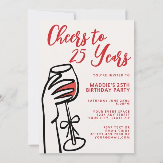 Invitation Simple vin rouge dessiné à la main pour 25e annive (Devant)