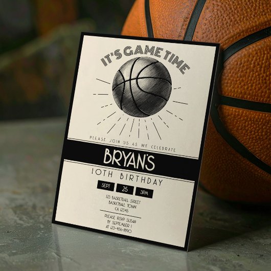 Invitation Simple Vintage Retro Black Basketball Anniversaire