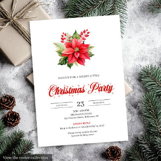 Invitation Simple Vintage Rouge Poinsettia Floral Noël