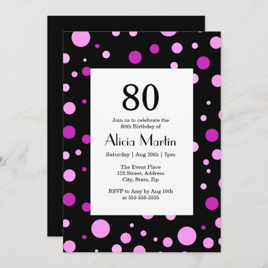Invitation Simple violet Lilac Polka Dot Noir 80e anniversair (Devant / Derrière)