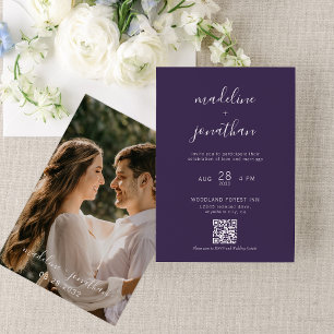 Invitation Simple Violet Violet Script Photo QR Code Mariage