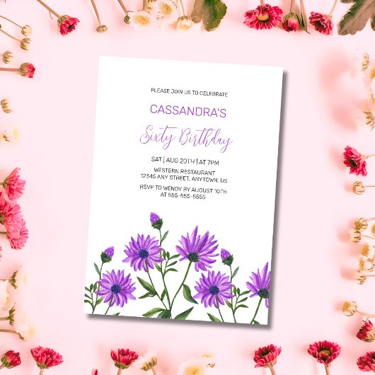 Invitation Simple violet Xeranthemum Floral fête d'anniversai