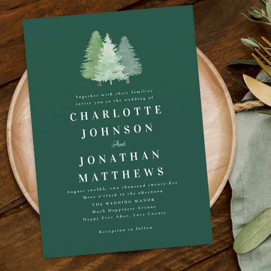 Invitation Simple Watercolor Forest Mariage vert bois