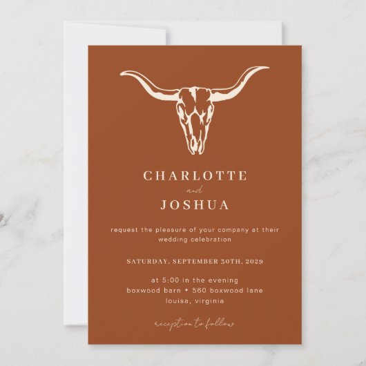 Invitation Simple Western Bohemian Cow Skull QR Code Mariage (Devant)