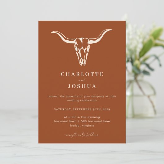 Invitation Simple Western Bohemian Cow Skull QR Code Mariage (Debout devant)