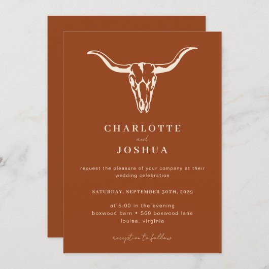 Invitation Simple Western Bohemian Cow Skull QR Code Mariage (Devant / Derrière)