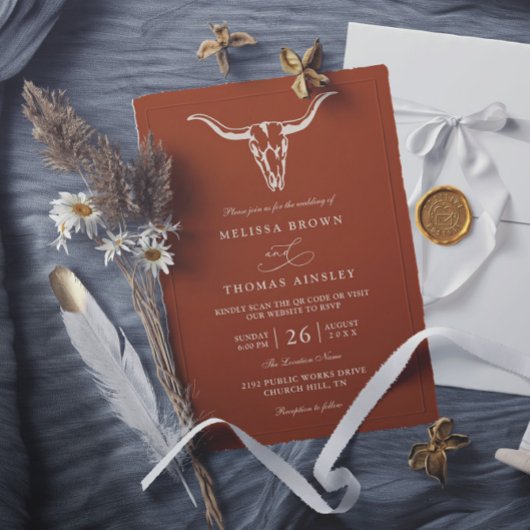 Invitation Simple Western Bohemian Cow Skull QR Code Wedding 