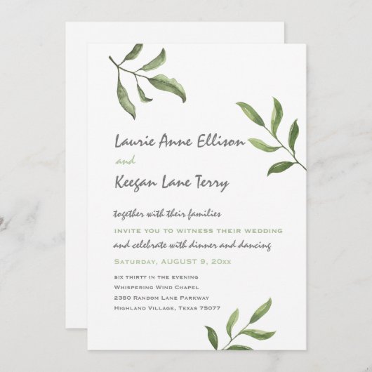 Invitation Simple Whimsical Green Watercolor Branches Mariage (Devant / Derrière)