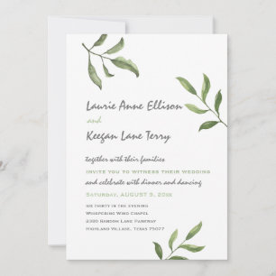 Invitation Simple Whimsical Green Watercolor Branches Mariage