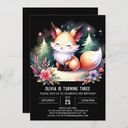 Invitation Simple Whimsy Fox Anniversaire numérique (Devant / Derrière)