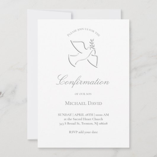 Invitation simple white dove design Confirmation (Devant)