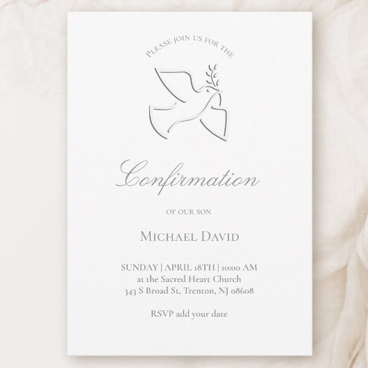 Invitation simple white dove design Confirmation