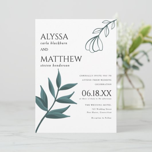 Invitation Simple white forest green foliage floral wedding (Debout devant)
