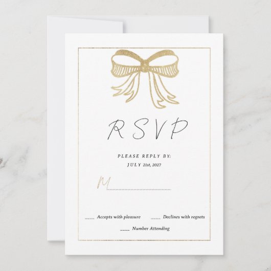 Invitation Simple white gold glitter bow ribbon RSVP  (Devant)