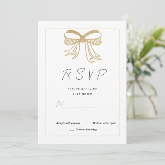 Invitation Simple white gold glitter bow ribbon RSVP  (Debout devant)