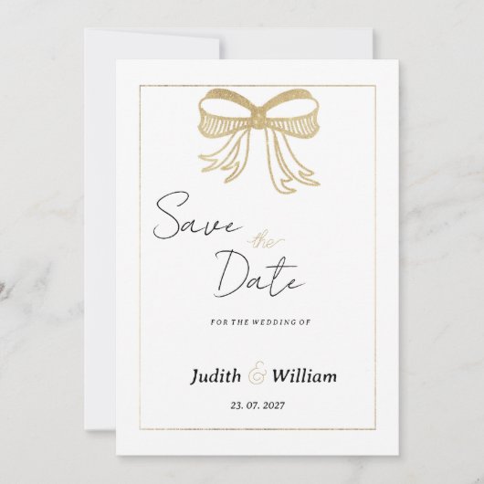 Invitation Simple white gold glitter bow ribbon Save the Date (Devant)