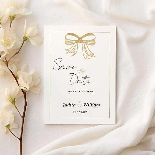 Invitation Simple white gold glitter bow ribbon Save the Date