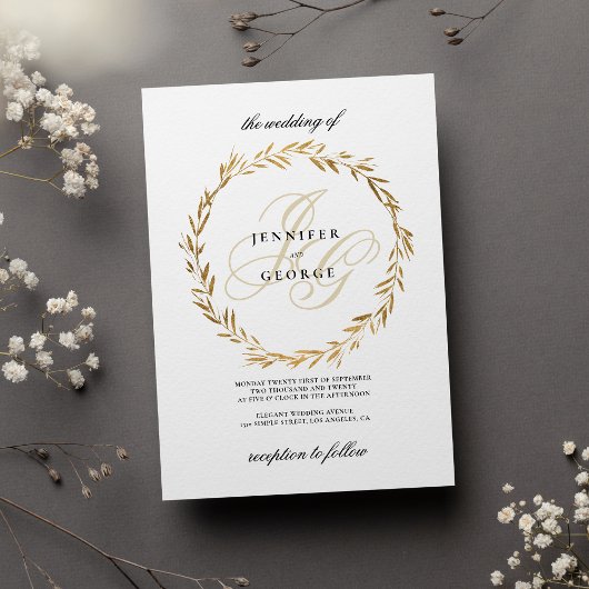 Invitation Simple white gold leaf monogram initials Wedding 
