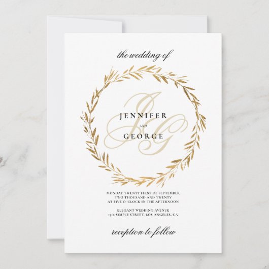 Invitation Simple white gold leaf monogram initials Wedding  (Devant)