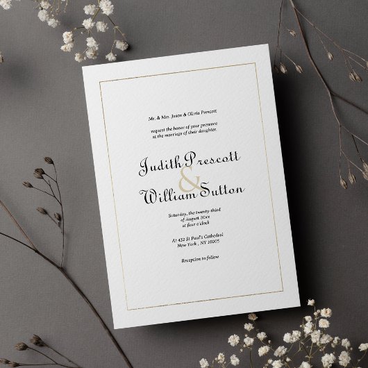 Invitation Simple white gold vintage calligraphy wedding