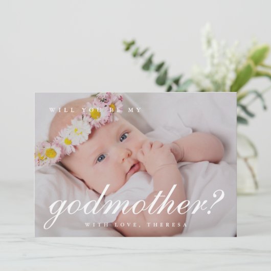 Invitation Simple White Script Godmère Proposition Photo (Debout devant)