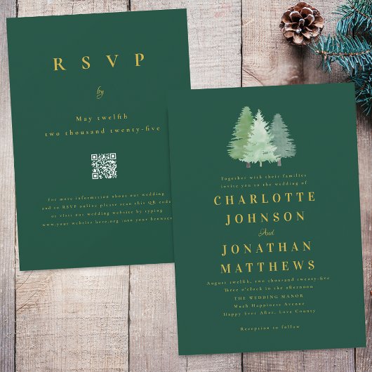 Invitation Simple Woodland Forest Gold Green Mariage QR Code
