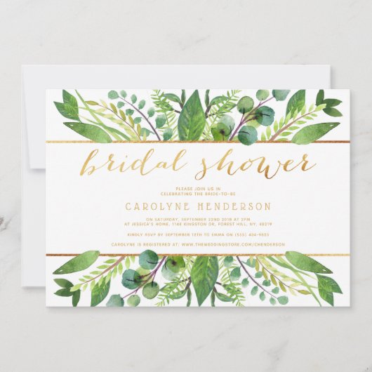 Invitation Simplement Chic Green & Gold Fête des mariées (Devant)