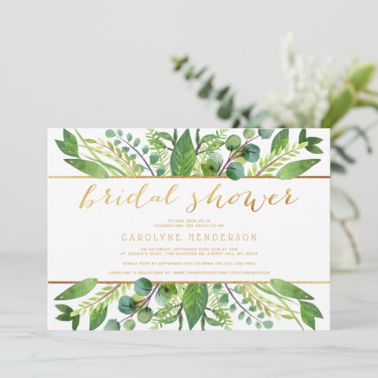 Invitation Simplement Chic Green & Gold Fête des mariées (Debout devant)