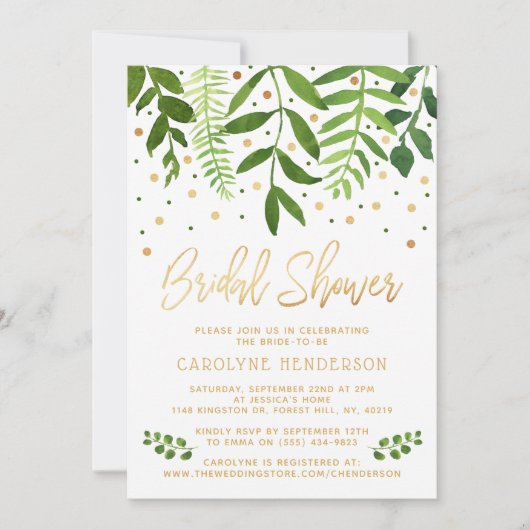 Invitation Simplement Chic Green & Gold Fête des mariées (Devant)