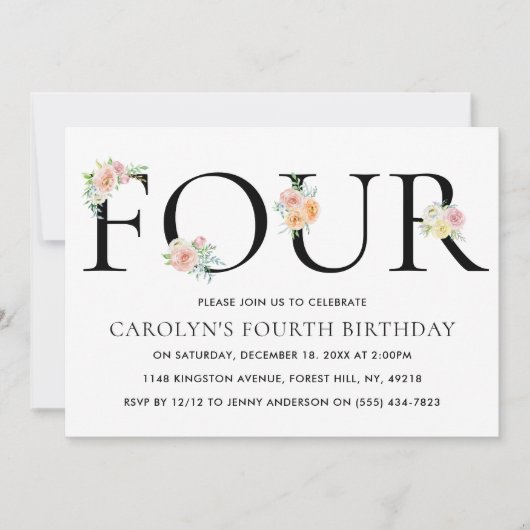 Invitation Simplement élégant Floral QUATRE 4e anniversaire (Devant)