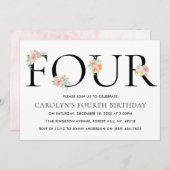 Invitation Simplement élégant Floral QUATRE 4e anniversaire (Devant / Derrière)