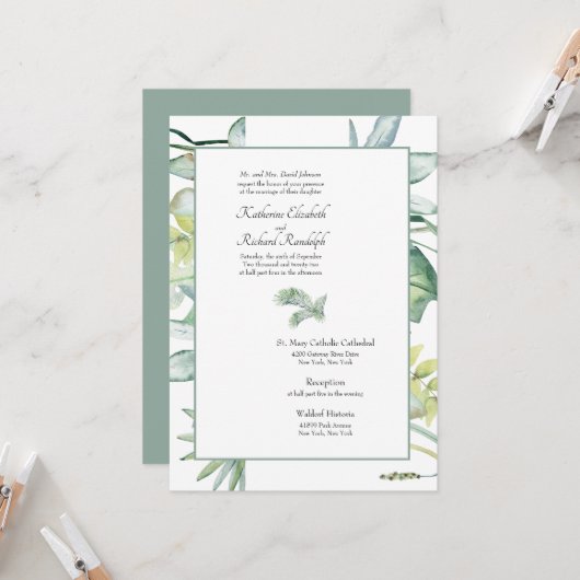 Invitation Simplement Élégant Mariage Tropical Palmier Sage (Devant/Arrière en situation)