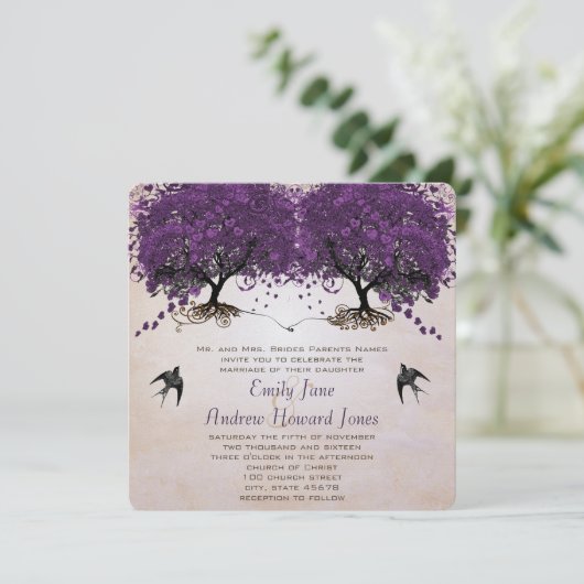 Invitation Simplement Peachy Purple Vintage Heart Leaf Arbre (Debout devant)