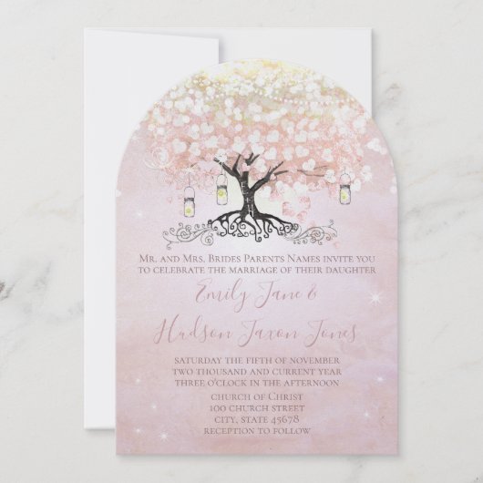 Invitation Simplement Pink Heart Leaf Tree Mason Jar Mariage (Devant)