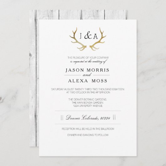 Invitation Simplement Russe Antler Or | Mariage élégant (Devant / Derrière)
