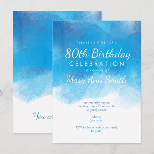 Invitation Simples 80e anniversaire Couleur d'eau bleue (Devant / Derrière)