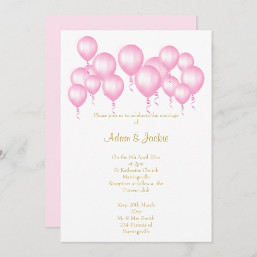 INVITATION SIMPLES BALLONS ROSES BLANCS MARIAGE (Devant / Derrière)