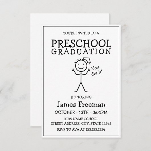 Invitation Simples bâtonnets noirs et blancs Diplôme préscola (Devant / Derrière)